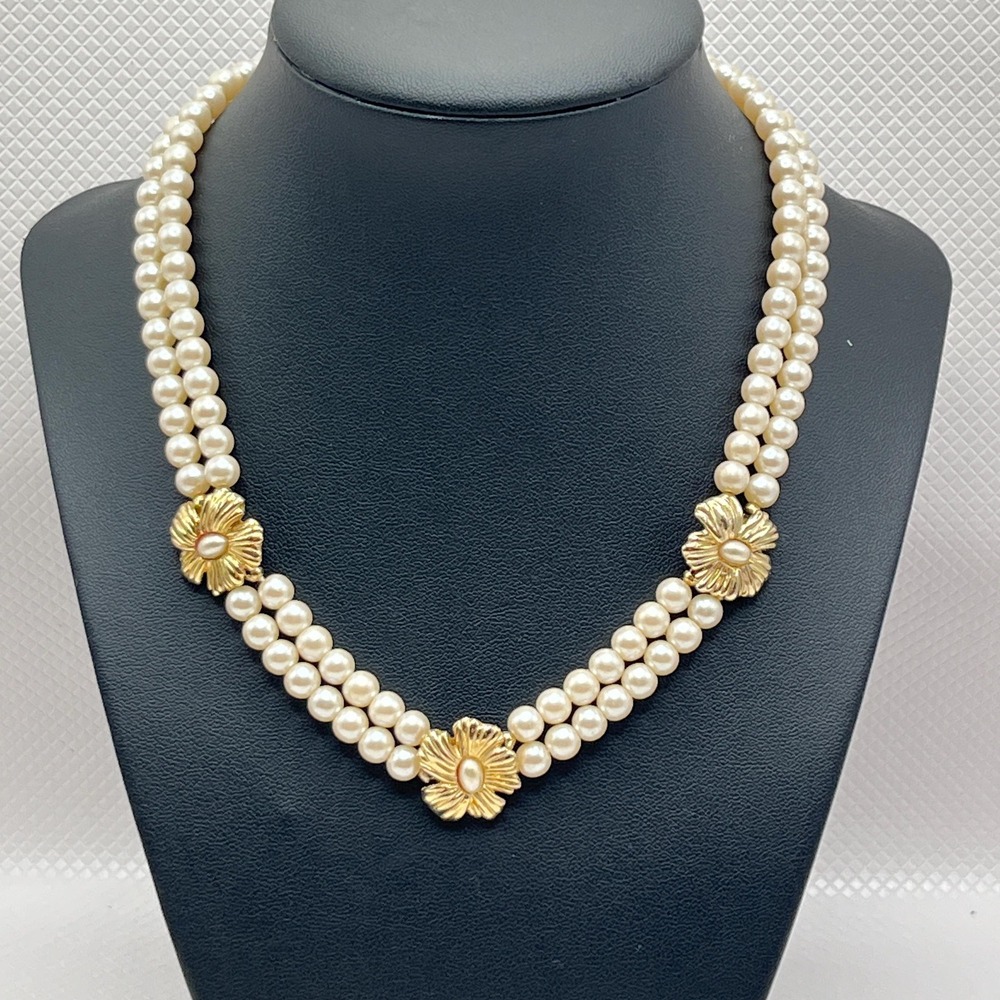 Vintage Double Strand Faux Pearl Necklace w/ Gold Tone Flowers and Hook Clasp